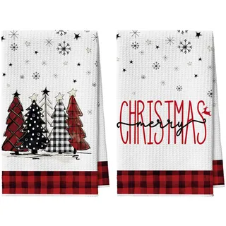 Artoid Mode Rot Weiß Büffelkaro Bäume Bar Weihnachten Küchentücher Geschirrtücher, 42x65 cm Mikrofaser Saugfähig Handtücher Küchen Deko 2er Set