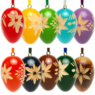 SIKORA OD01 10er Set Deko Ostereier aus Holz | Handgeschnitzte Ornamente für Ostern | Hochwertige Osterdeko zum Aufhängen in 2 Größen, Farbe | Modell:Höhe je 5.7 cm - 10er Set mit gemischten Farben