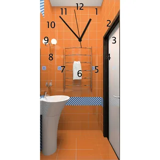 Wallario Design Wanduhr Modernes Badezimmer in orange mit blauen Fliesen aus Echtglas, Größe 30 x 60 cm - Braun