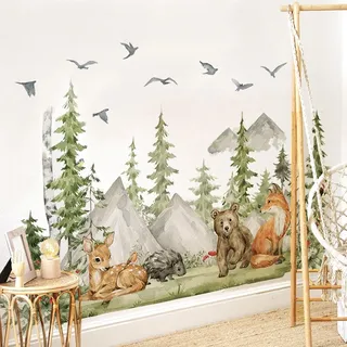 WandSticker4U®- [Aquafarben] Wandtattoo WALDTIERE Kinderzimmer XXL (150x96 cm) I Wandsticker Baum Reh Fuchs Bär Dschungel Tiere I Wanddeko Kinderzimmer Deko Mädchen Junge Babyzimmer GROß