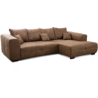 Cavadore Ecksofa Mavericco / XXL Eckcouch Inkl. Rückenkissen und Zierkissen / Longchair rechts / Industrial Style / 285 x 69 x 170 (BxHxT) / Mikrofaser Braun