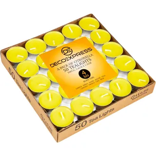 Deco Express Citronella Teelichter, 100er- oder 50er-Pack Duftkerzen Teelichter 4 oder 8 Stunden Brenndauer (Gelb 50/4 Stunden)