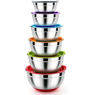 Homikit Rührschüssel Set, Edelstahl Schüssel Salatschüssel 6er Set mit Luftdichtem Deckel & Silikonboden, Stapelbar, Spülmaschinenfest, 4.6 L / 2.8 L / 2.5 L / 1.6 L / 1.2 L / 0.7 L