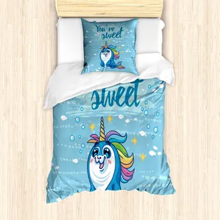 ABAKUHAUS Einhorn Mantele, Pinguin und Meer, Milbensicher Allergiker geeignet mit Kissenbezügen, 135 cm x 200 cm - 80 x 80 cm, Blau - Blau