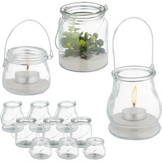 Bild von Windlicht Glas, 12er Set, Teelichthalter mit silbernem Henkel, 3 versch. Größen, Kerzenglas, rund, transparent