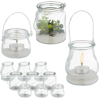 Relaxdays Windlicht Glas, 12er Set, Teelichthalter mit silbernem Henkel, 3 Größen, Kerzenglas, rund, transparent