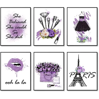 HOGEBIG Lila Bilden Poster Mode Paris Drucke Wandkunst Bilden Badezimmer Kunstwerk Parfüm Blume Lippenstift Leinwand Kunstposter Mädchen Zimmer Dekor 11x14 Zoll (27.9x35.6cm) Ungerahmt