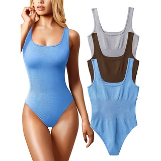 OQQ Damen-Bodysuit, 3-teilig, sexy, gerippt, ärmellos, quadratischer Ausschnitt, L