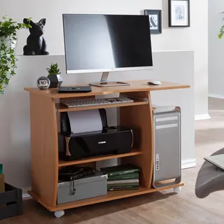 FineBuy Computertisch GRASSE rollbar Buche 90 x 71 x 50 cm mit Tastaturauszug Laptop Tisch auf feststellbaren Rollen PC-Tisch mit Drucker-Ablage - Braun