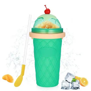 Hejo Für Slushy Maker Becher Silikon Squeeze Slush Becher, Für Slush Ice Maker, Eis Becher, Wiederverwendbarer Eisbecher mit 2-in-1-Strohhalm und Löffel für Familien Outdoor(Hellgrün)