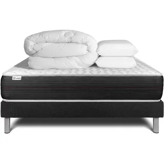 Komplettpaket Bett - Matratze 200x200 cm + Boxspringbett mit Lattenrost (im Set) + 2 Kopfkissen + Bettdecke - Vitalspring - Schwarz