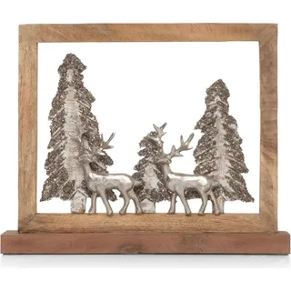 Weihnachtsdeko Hirsche aus Mangoholz und Aluminium 41 x 8 x 33 cm 3D Figur mit Glitzerbäumen winterliche Tischdekoration im Holzrahmen für Fensterbank - Silber
