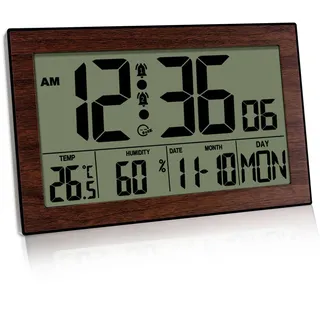 Wanduhr Digital mit Temperaturanzeige und Feuchtigkeitsanzeige,Digitale Wanduhr Batteriebetrieben,Luftfeuchtigkeit Wecker 12/24 Stunden für Schlafzimmer, Wohnzimmer, Büro Schule (Braun)