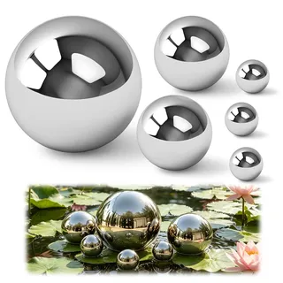 BQMEZRNUS 6 Stück Edelstahl Dekokugel,Schwimmkugeln für Miniteich,Silber Schwimmkugeln,Edelstahl Gartenkugel,Metall Hohlkugel für Solarbrunnen Garten Balkon Teiche(2cm*3+4cm*2+6cm*1)