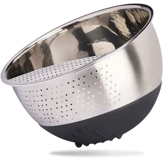 Reishunger Reis Waschschüssel aus Edelstahl (Schwarz) - Sieb zum Waschen von Reis und Gemüse - Mit rutschfestem Silikonfuß - Schwarz
