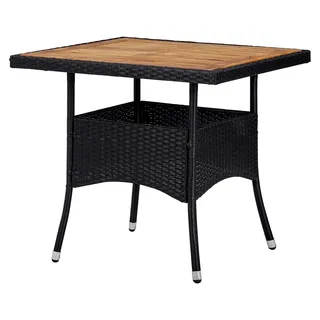 Gartentisch aus Akazienholz für 4 Personen, Esstisch, Terrassentisch, Balkontisch, Rattantisch, Gartenmöbel, Schwarz, Poly Rattan, 80x80x75 cm