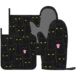 Lustige Ofenhandschuhe und Topflappen mit schwarzer Katze, 4 Stück, Silikon, hitzebeständig, Topflappen, rutschfeste Handschuhe, Küchendekoration für Grillen, Kochen, Grillen, Backen