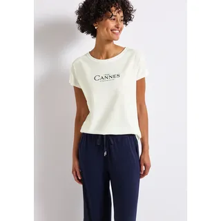 Shirttop STREET ONE, Damen, Gr. 34, weiß (sanftes weiß), Jersey, Obermaterial: 50% Baumwolle, 50% Modal, bedruckt, hüftbedeckend, Rundhals, Tops Shirttop, mit Folien-Wording