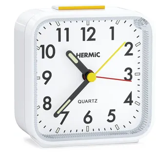 HERMIC Wecker Analog Ohne Ticken Wecker mit Licht, Batteriebetrieben, Lauter Alarm, Schlummerfunktion, Geräuschlos, Leuchtziffern Tragbarer Leise Klein Reisewecker für Tiefschläfer Weiß