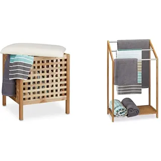 Relaxdays Badhocker Walnuss mit Wäschesammler, 52 x 49 x 49 cm, 52 Liter Sitzhocker, Natur weiß & Handtuchhalter Bambus, 3 Handtuchstangen, Freistehend, Ablage, modern, HxBxT: 85 x 51 x 31 cm, Natur