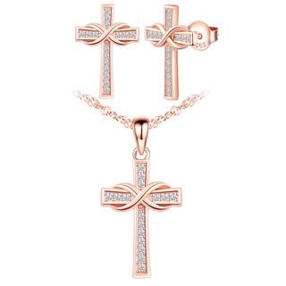 Yumilok Kreuz Kette Halskette Anhänger Silber 925 Sterling Silber Unendlichkeit Anhänger Zirkonia Damen Ohrstecker Ohrringe Set für Damen Mädchen Rosegold