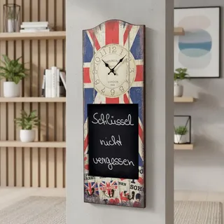 Mucola Wanduhr Dekouhr 30x80CM Tafel 3 Kleiderhaken Shabby Uhr Holz Grau Analog Schreibtafel Motivuhr Nostalgie Board - England - Bunt