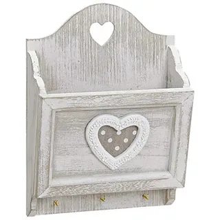 Kartenhalter Postablage mit Schlüsselbrett Haken für Schlüssel 17x24 cm, Holz Shabby Grau Weiß mit Herz Landhaus Vintage Briefablage Briefhalter