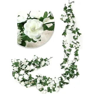 DINGFENG Blumengirlande (3er Pack) - 2,45m Künstlich Rosenblüten Girlande Hochzeit Dekoration Outdoor | Wetterfeste Blumen Girlande Set für Balkon, Blumenwand & Türkranz Sommer (Weiß)
