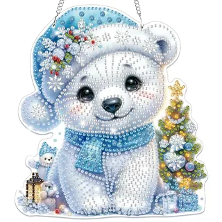 Lxmsja 5D Diamond Painting Weihnachten Anhänger, Eisbär Diamond Painting Fensterbilder Kinder Erwachsene, Hängende Ornament Bastelset Geschenk Mädchen 7 8 9 10 11 Jahre, Party Kranz Tür Fenster Deko