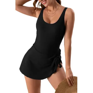 Eomenie Einteiliger Damen-Badeanzug, Bauchkontrolle, Badeanzüge | Badeanzug mit Wickelrock, schlankmachendes Badekleid, verstellbare breite Träger, Push-Up, nicht abnehmbare Pads