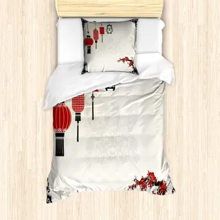ABAKUHAUS Laterne Mantele, Minimalist Neujahr, Milbensicher Allergiker geeignet mit Kissenbezügen, 135 cm x 200 cm - 80 x 80 cm, Schwarz Weiß Rot - Schwarz