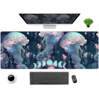 Anime Quallen Schreibtischunterlage, Neonblau, XL, groß, erweitertes Gaming-Mauspad, niedliches Ozean-Mond-Matten, Computer, Laptop-Tastatur, Mauspad, Schreibtischunterlage, 80 x 30 cm, Desktop-Schutz