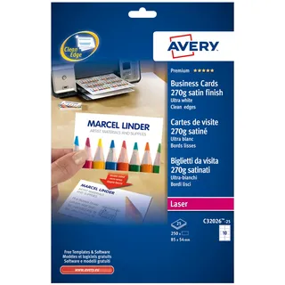 Avery Zweckform Visitenkarten, C32026-25 satiniert weiß 270 g/m2
