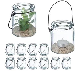 Relaxdays Windlicht Glas, 12er Set, Teelichthalter mit Henkel, HxD: 9,5 x 8 cm, runde Kerzengläser, transparent/schwarz