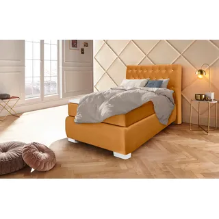 LEONIQUE Boxspringbett LEONIQUE "Rumba", gold (goldfarben), B:100cm L:213cm, Samtoptik (100% Polyester), Komplettbetten, Boxspringbett Seniorenbett Polsterbett, Taschenfederkern-Matratze in Härtegrad 3, in 4 Breiten, incl. Topper