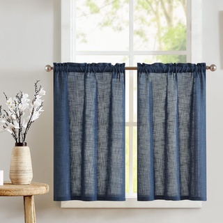 TOPICK Scheibengardine Leinen Bistrogardine Küche Vorhänge Flachs Halbtransparent Lichtfilterung Paarig Schals Scheibengardinen für Wohnzimmer Landhaus Kleine Fenster 2er-Set 65x90cm Indigo Blau