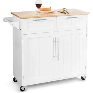 Fantask 94cm Kücheninsel Holz, Kücheninsel mit Arbeitsplatte und Handtuchhalter in Weiß, Servierwagen mit Rollen, Küchenwagen mit 2 Schubladen und Türen