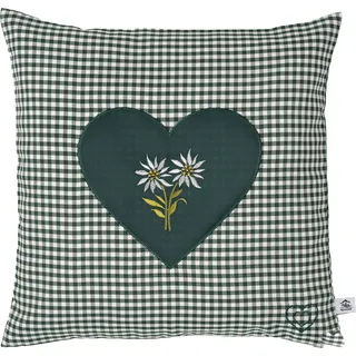 myZirbe Zirbenkissen Bestickt mit Herz und Edelweiss grün karriert Größe 40x40 cm befüllt mit Zirbenflocken aus Zirbenholz