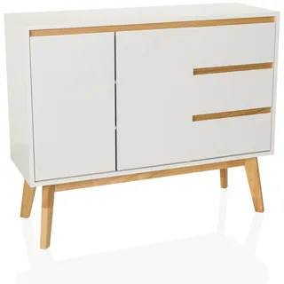 hjh living Kommode mit 3 Schubladen, 2 Türen TAROLO I Sideboard im skandinavischen Stil, Soft-Close, griffloses Design, Schrank mit Holzbeinen, Weiß