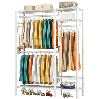 KZOBYD Kleiderständer, Freistehender Kleiderstange mit Regal Metall Garderobe mit Aufhängestangen Schwarz Kleiderschrank offen mit 4 verstellbaren Regalen für Mäntel Kleider Schuhe (Weiß)