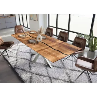 MASSIVMOEBEL24.DE Esstisch Akazie 260x100x74 natur lackiert / Epoxid schwarz, Kreuzgestell silber matt EPOXY - Schwarz, Silber