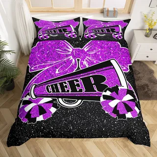 Cheerleader Bettbezug 135x200 für Mädchen Lila Bogen Bettwäsche Set,Glitter Pailletten Druck Tröster Abdeckung Psychedelic Sterne Bett Set,Cheerleader Prinzessin Schlafzimmer Set Zimmer Dekor