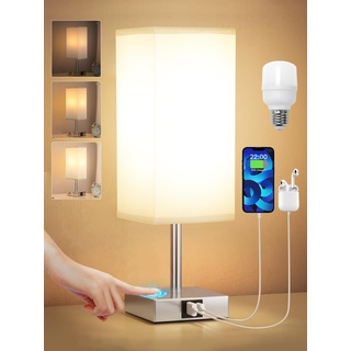 Kakanuo Nachttischlampe Touch Dimmbar, Tischlampe mit Ladefunktion USB A+C-Anschlüssen LED-Birne, Grauer Lampenschirm, Moderne Kleine Lampe für Nachttisch Schlafzimmer Wohnzimmer Babyzimmer Büro