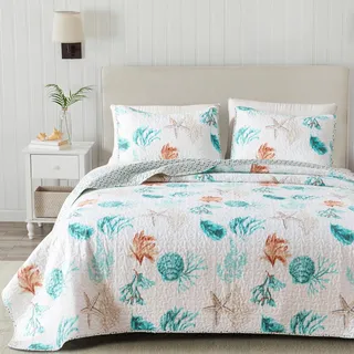 Great Bay Home Key West Quilts Collection Steppdecke für Doppelbett, wendbar, leicht, mit 1 Kissenbezug, für alle Jahreszeiten, Strand-Tagesdecken, Koralle und Muscheln, 2-teilig