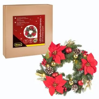IDENA 31902 - LED Weihnachtskranz 15 LED in Warmweiß, ca. 40 cm, Adventskranz mit Schmuck in Rot-Gold, Weihnachtsdeko für Innen, batteriebetrieben mit Timer