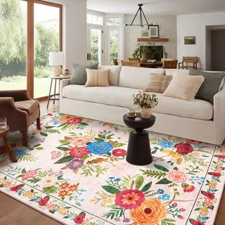 BYBSRLL Extra Groß Vintage Teppich Wohnzimmer 300x400 cm Waschbar, Boho Blumenmuster, Weich & rutschfest Kurzflor Teppiche Gegend Für Schlafzimmer, Esszimmer, Kinderzimmer, Büro, Hellrosa