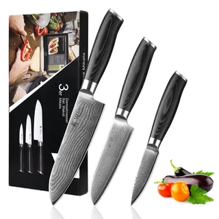 Wakoli Mikata 3-teiliges Damastmesser-Set aus Damaststahl (VG10 Kern) in Geschenkbox – Scharfes Santokumesser-Set mit großem & kleinem Santoku Messer & Officemesser – Küchenmesser mit Micartagriffen