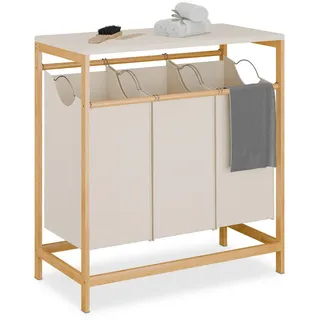 Relaxdays Wäschesammler mit 3 ausziehbaren Wäschekörben, klappbare Ablage, HBT: 84,5 x 78,5 x 40 cm, Bambus, natur/creme