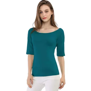 Allegra K Damen Halloween-Kostüm Halbarm Shirt Bluse Rundhals Slim Fit T-Shirt Einfarbig Basic Oberteil Blau Grün S