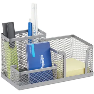 Relaxdays Schreibtischorganizer, Büroablage mit Stiftehalter und Zettelhalter, Metall Mesh, HBT: 10x18,5x9,5cm, silber